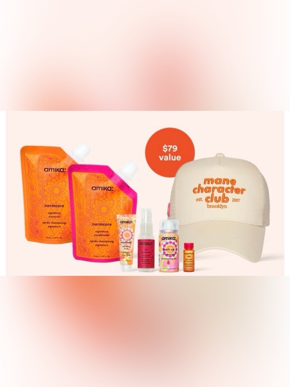 amika Cream Baseball Cap with Bright Orange Logo and Travel Care Set